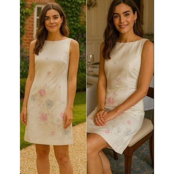 Petite Sophisticate Sleeveless Silk Floral Sheath Dress 6 Pink Gray Garden Print - Picture 1 of 12